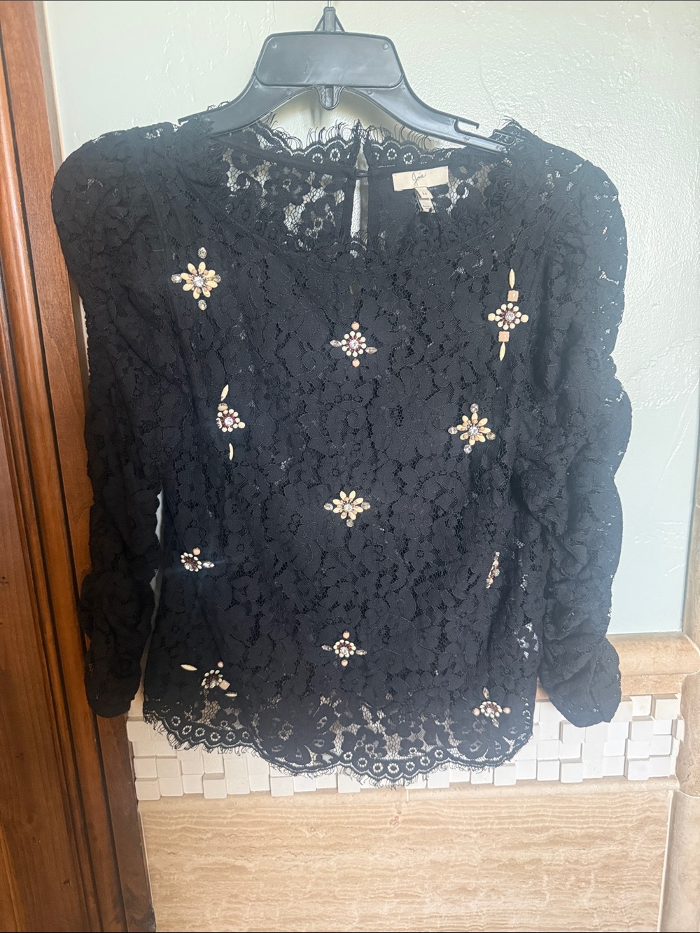 Joie Black Lace Blouse with Jewel Floral Embellishments